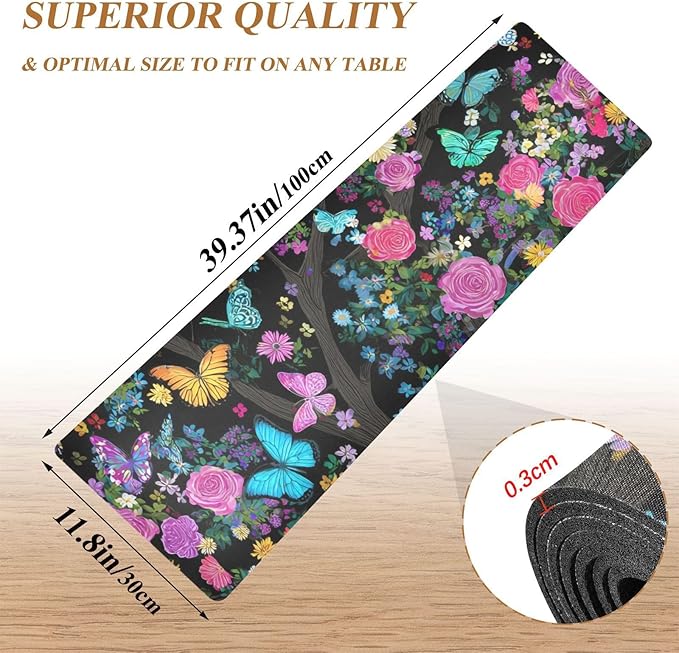 2-in-1 Table Runner Trivet for Hot Dishes Heat Resistant Hot Plate Mat Pad 39x12 Inch Waterproof Table Protector Trivets for Countertop Decorative Rose Flower Butterfly Tree Black