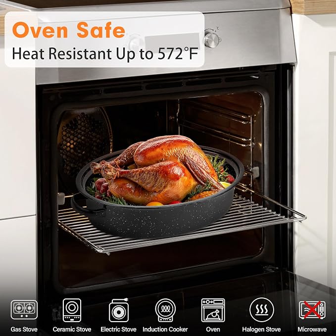 15” Roaster Pan with Lid and Rack, Small Enamel Roaster Pan with Oval Roasting Rack, Granite Baking Pot for Chicken Turkey Lamb, Heat Resistant, Oven/Dishwasher/All Stovestops Compatible