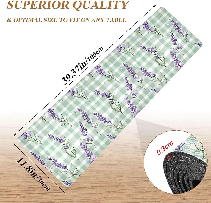 Cute Mint Green Plaid Lavenders Trivet Table Runner Heat Resistant 230F for Hot Dishes Pots Plates Kitchen Dining Table Protector Decorative 39.37 X 11.8 Inch