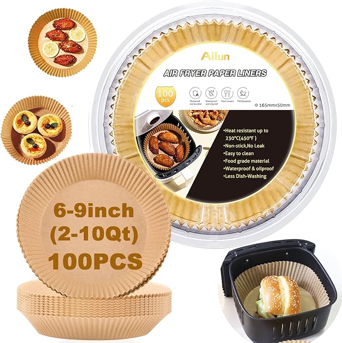 Ailun Air Fryer Disposable Paper Liners, 100PCS 6.5inch Round and Air Fryer Disposable Paper Liners, 100PCS 6.5inch Square