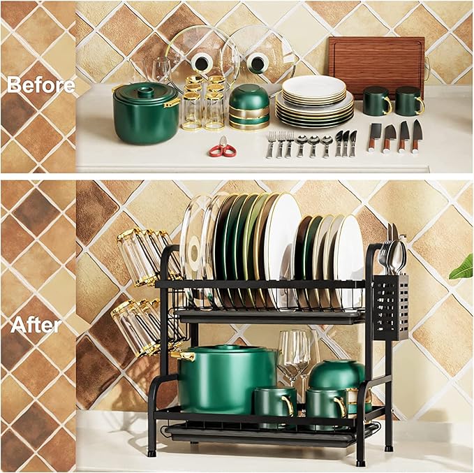 Dish Drying Rack,2 Tier Stainless Steel Dish Rack Drainboard Set,Utensil Holder, Cutting Board Holder,Dish Drainer for Kitchen Counter,Space-Saving (Black)