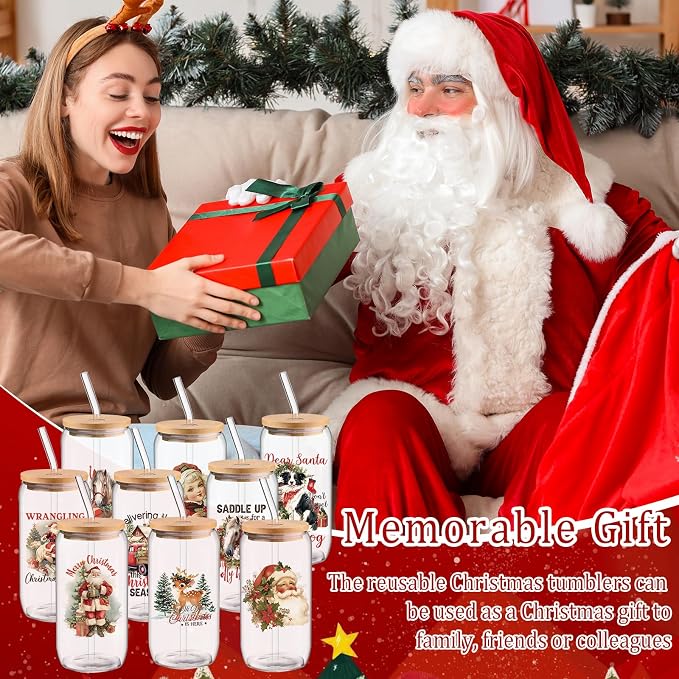 Skylety 12 Set Christmas Gifts Bulk 16 oz Santa Glass Cups with Lids Straws Xmas Notebook Sticky Note Pens for Women Students School Office Holiday Party Favors