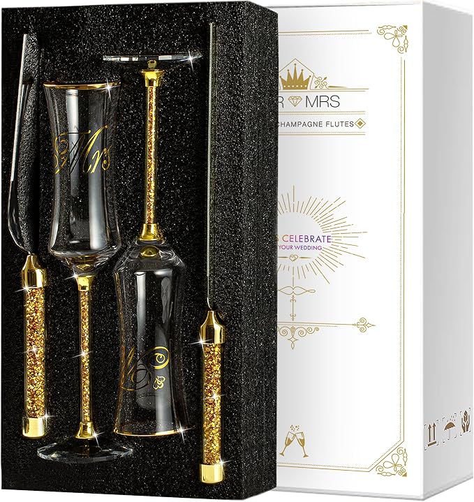 Wedding Cake Knife and Server Set, Wedding Cake Cutting Set with Mr and Champagne Flutes Glasses for Bride and Groom Gifts for Couples