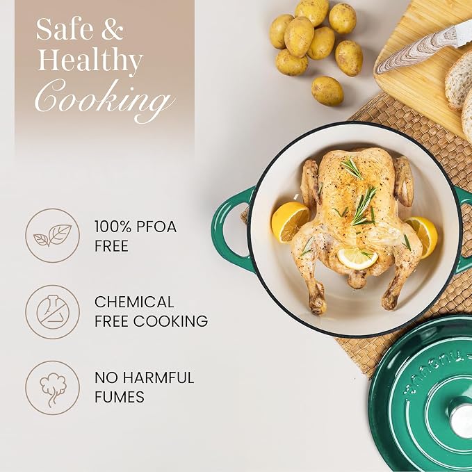 Nuovva Enamelled Cast Iron Dutch Oven Pot with Lid-6.4 Quart Non Stick Casserole Pot-Heavy Duty & Oven Safe up to 500° F for Bread Baking, Braising, Stews, Roasting - 28cm Dark Green