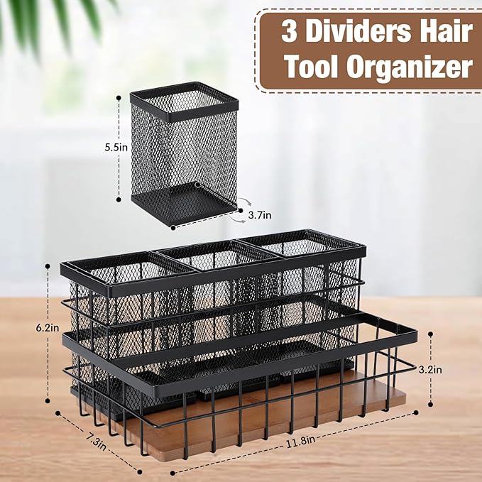AceOrbit 1 Pcs 1pcs Hair Tool Organizer Countertop Breathable Metal Bamboo Hot Tools Vanity Organizer Under Sink Bathroom Hair Dryer Holder Countertop Brush Comb Holder Tray (Koa Wood,Black)