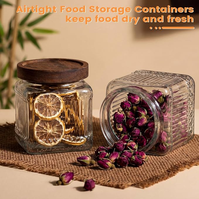 6 Pcs Vintage Glass Storage Jar with Lid 17 oz Glass Containers Stylish Ribbed Pattern Airtight Kitchen Jars Candy Jar for Food Cookies Candy Coffee Tea Beans Grains Storage