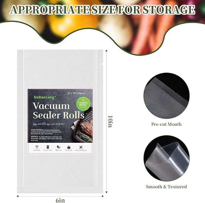 Vacuum Sealer Bags, 6" x 10", 100 Pcs | Commercial Grade, BPA Free, Sous Vide Cooking, Puncture Prevention, Customized Size, Kitchen Essentials
