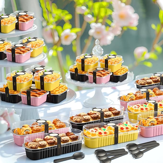 LemonRoad 120 Sets Mini Loaf Pan with Lids and Spoons 6.8oz Rectangular Aluminum Foil Bread Pan 5oz Square Cake Cup with Decal Disposable Baking Supply for Graduate Wedding Birthday (Pink,Gold,Black)