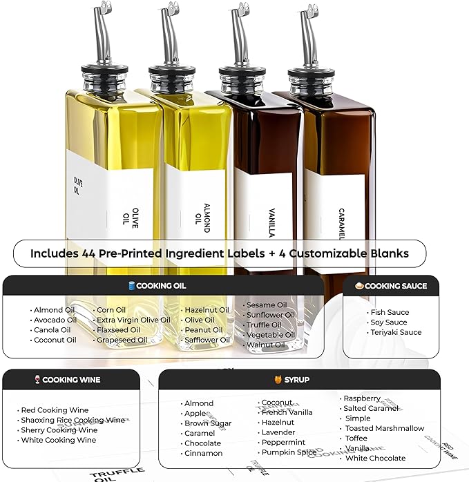 Spaceneat Olive Oil Dispenser Bottle - Includes 44 Kitchen Essential Labels - Cooking Oil Bottles for Kitchen, Coffee Syrup Dispenser - Pourer Spout with 11.8 fl oz Glass Container Cruet - 4pcs Silver