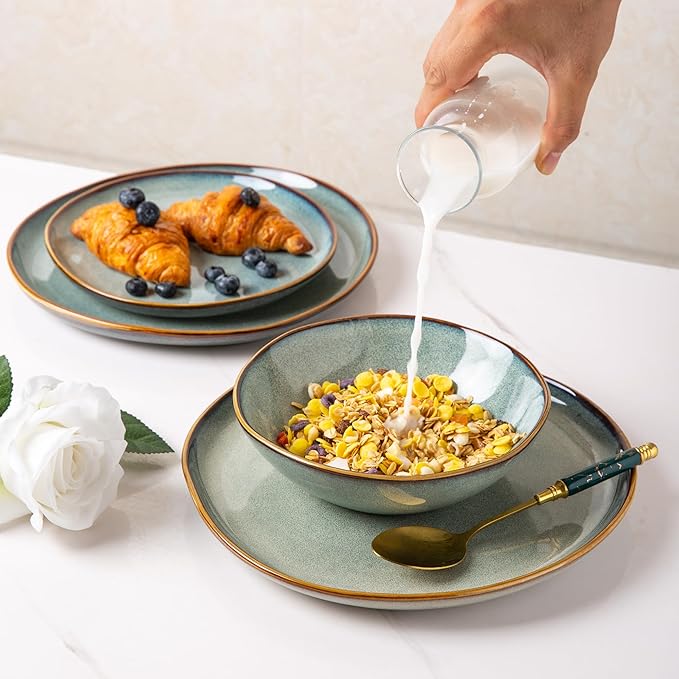 AmorArc Ceramic Dinnerware Sets,Handmade Reactive Glaze Stoneware Plates and Bowls Sets,Highly Scratch Resistant | Dishwasher & Microwave Safe Dishes Set,Service for 8 (24pc)