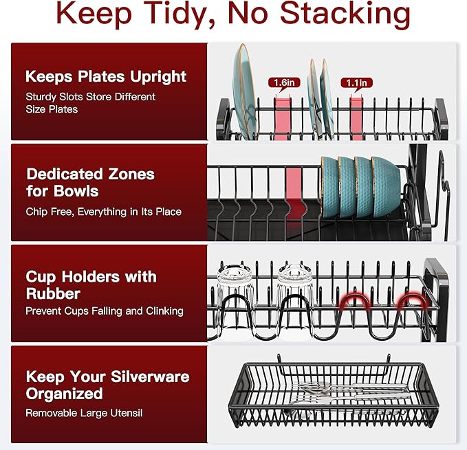 2 Tier Black Dish Drainer Drying Rack for Kitchen Counter, Large Stainless Steel Dishes Dryer with Drainboard, Space Saving, Big Rustproof Metal Modern Countertop Plates Strainer with Utensil Holder