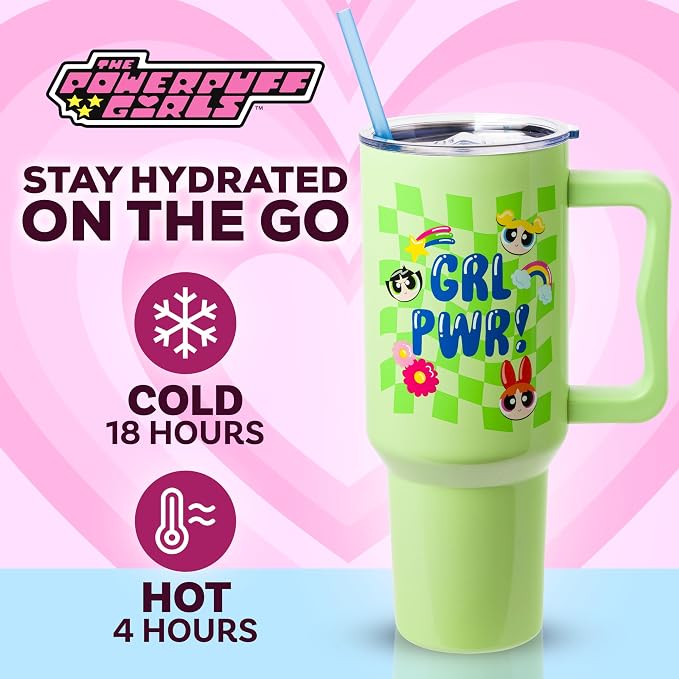 Silver Buffalo The Powerpuff Girls Girl Power Groovy Retro Featuring Blossom, Bubbles, and Buttercup Double Walled Stainless Steel Tumbler with Handle and Straw, Fits in Standard Cup Holder, 40 Ounces