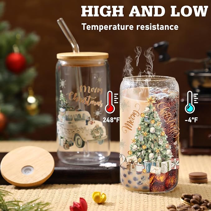 Teenyyou 12 Set of Christmas Glasses with Bamboo Lid and Glass Straw 16 oz Christmas Drinking Cup Beer Iced Coffee Cup Xmas Tumbler Mugs for Women Men Holiday Party Office Gifts