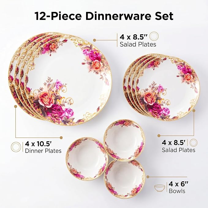 FHGNYSM Vintage Floral Dinnerware Set, 12-Piece Porcelain with Gold Rim | Rose Pattern Dish Set for Kitchen, Wedding and Housewarming Gift, Chip and Scratch Resistant, Microwave&Dishwasher Safe for 4