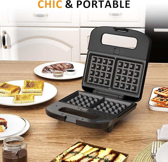 Sunvivi 3 in 1 Electric Sandwich Maker: Panini Press Grill and Waffle Iron Set, Grill and Sandwich Press with Removable Non-Stick Plates, Indicator Lights & Cool Touch Handle, 800W, Silver
