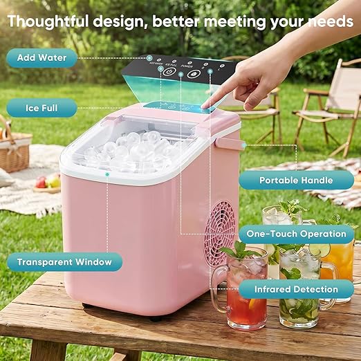 DUMOS Ice Maker Countertop, Ice Machine with Portable Handle, Basket and Scoop, 26lbs Daily, 9 Bullet Cubes in 6-8 Mins, Auto-Cleaning for Home, Kitchen, Office, Outdoors, RV Camping