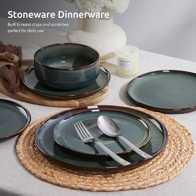 E-far Dinnerware Sets for 4, 12-Piece Stoneware Plates and Bowls Set, Ceramic Dishes Reactive Glaze Dinning Ware, Microwave & Dishwasher Safe - Obsidian Green