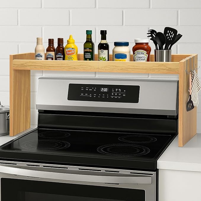 Over The Stove Shelf, Wood Stove Top Shelf,31.5" Stove Top Organizer Shelves with 6 Hooks,11.5" Height Over Stove Spice Rack for Kitchen, Oak
