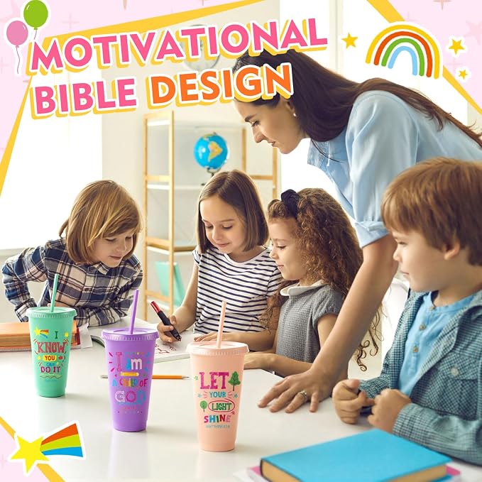 Uiifan 50 Pcs VBS Christian Cups Bulk for Kids, Religious Plastic Tumblers with Bible Verses, Sunday School and Church Gifts, Reusable Cups with Lids and Straws (Pastel)