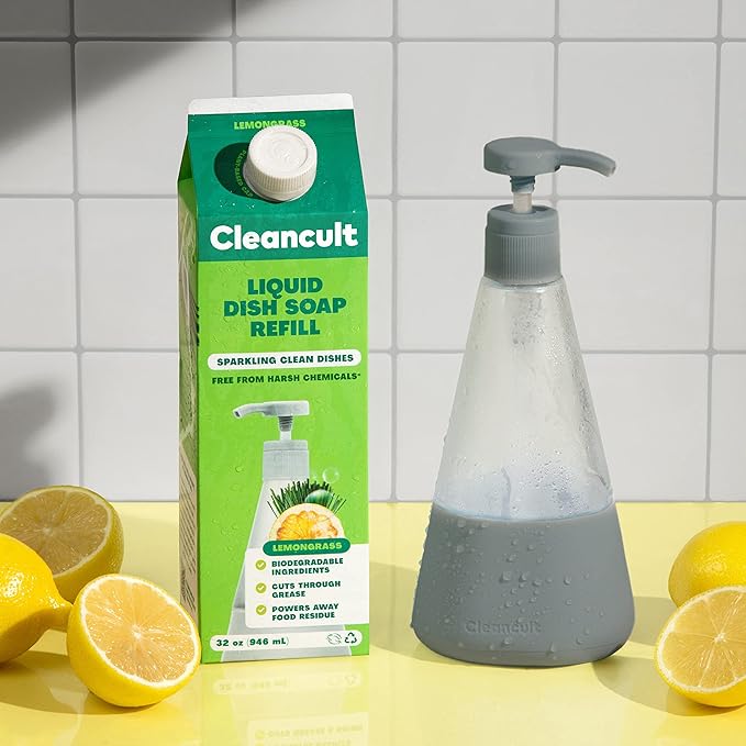 Cleancult Dish Soap Dispenser (15oz, 1 Pack) - Refillable Glass Soap Dispenser with Pump - Shatter Resistant Dish Soap Dispenser for Kitchen Sink - Non Slip Silicone Sleeve - Charcoal