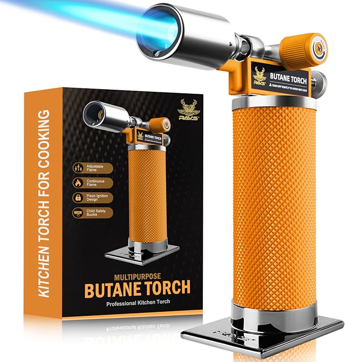 RAVS Butane Torch Lighter, Creme Brulee Torch with Adjustable Flame, Premium Metal Kitchen Torch for Baking, BBQ, DIY, Orange, Butane Gas Not Included