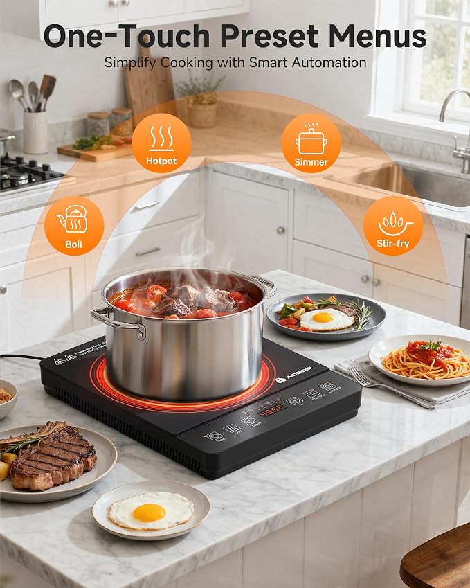 Portable Induction Cooktop 20 Temperature & Power Levels,1800W Single Burner Electric Cooktop with 6.8 inch Heating Coil, Hot Plate with Timer