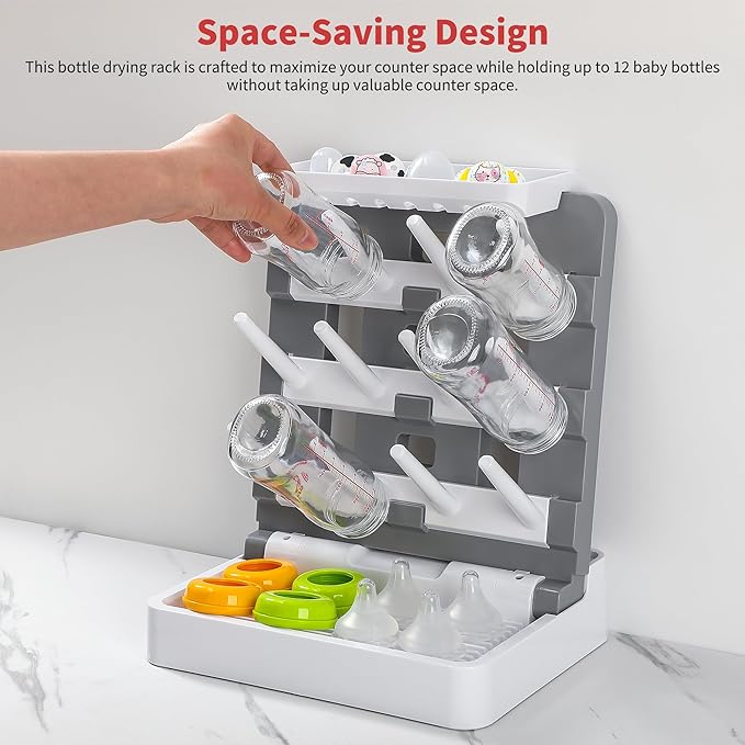 Baby Bottle Drying Rack, Vertical Standing Bottle Drying Rack Holder-Space Saving Baby Bottle Organizer for Countertop-Holds Up to 12 Baby Bottles & Pump Parts (White & Dark Gray)