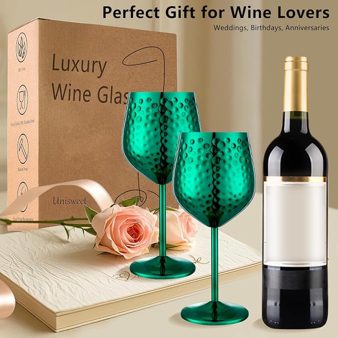 UNISWEET Stainless Steel Wine Glasses Set of 4 Unbreakable (Green) | 17 oz Large-capacity Hammered Goblets, Lightweight & Reusable, Good for Outdoor, Camping, Pool Travel, Gift for Wine Lovers