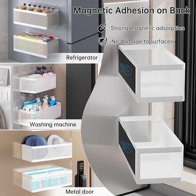 2 Pack Magnetic Shelves for Washing Machine, White Metal Magnetic Storage Baskets, Space-Saving Strong Hold Organizer for Laundry Room, Refrigerator, Bathroom, Kitchen, Pantry, Utility Room