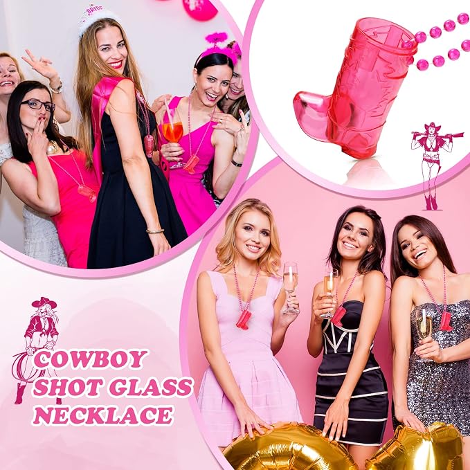 Sieral 24 Pcs Cowboy Boot Shot Glasses on Beaded Necklace Plastic Reusable Cowgirl Shot Boot Glasses Necklace Party Cups for Cowboy Cowgirl Bachelorette Carnival Western Birthday (Transparent Rose)