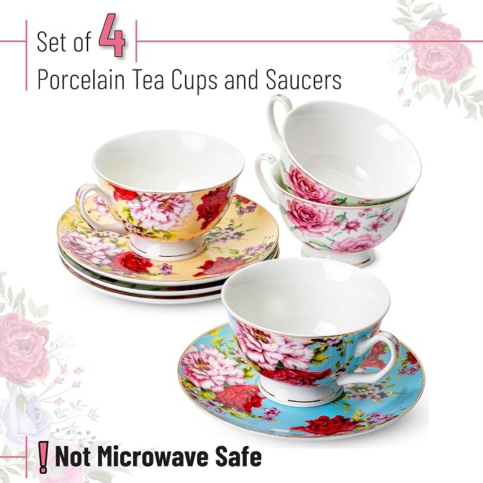 BTaT- Floral Tea Cups and Saucers Set of 4, 7 oz | Porcelain Tea Cup Set Assorted Colors Gold Trim Dishwasher Freezer Safe