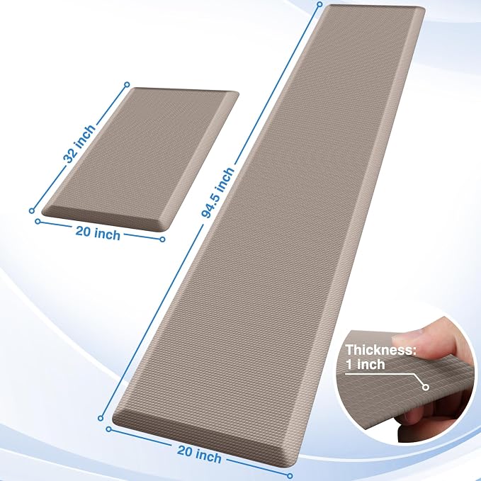 StepRite Kitchen Mats, 2PCS Kitchen Rugs, Cushioned Anti Fatigue Kitchen Mats for Floor, Non-Slip Standing Desk Mat, Waterproof Kitchen Rug Set for Kitchen,20" x 32"+20" x 94.5"-Full 1inch Thick,Khaki