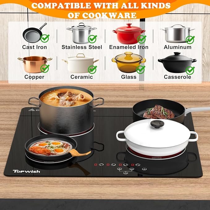 4 Burner Electric Cooktop, TOPWISH 24 Inch, Built-in Electric Stove Top, 220-240v Radiant Cooktop with Child Lock, Touch Control, Residual Heat Indicator, Overheat Protection, Hard Wire (No Plug) | 240V Electric Cooktop 4 Burner Kitchen Stoves, Radiant...
