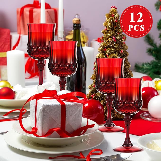 Pinkunn 12 Pcs 7 oz Plastic Vintage Wine Glasses Reusable Colored Goblets Patterned Drinking Water Glasses Cup Dishwasher Safe for Mother's Day Wedding Reception Party Supplies (Red)
