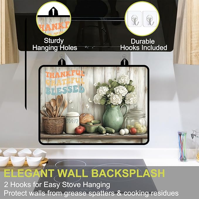 Glass Stove top Cover 28"x 20", Stove Top Covers for Electric Stove, Flat Range Mat for Glass Cooktop, Kitchen Heat-Resistant Protector Non-Slip Drying Mat (Thankful Gratefu Blessed)