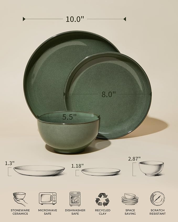 Pokini Stoneware Dinnerware Sets for 6, 18 Piece Microwave Safe Plate and Bowl Set, Easy to Clean & Durable Dishes Sets for Small to Medium Families, Forest Green