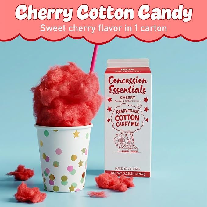 Perfectware Concession Essentials Cherry Cotton Candy Mix – Ready-to-Use Floss Sugar for Cotton Candy Machines – Makes 60–70 Cones – 3.25 lb Carton – Carnival Style Cotton Candy Sugar