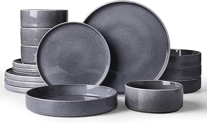Famiware Annecy Plates and Bowls Sets, Service for 4 (16 Pieces), Dinnerware Sets with Pasta Bowls, Microwave and Dishwasher Safe Dishes Set, Chip and Scratch Resistant, Misty Blue