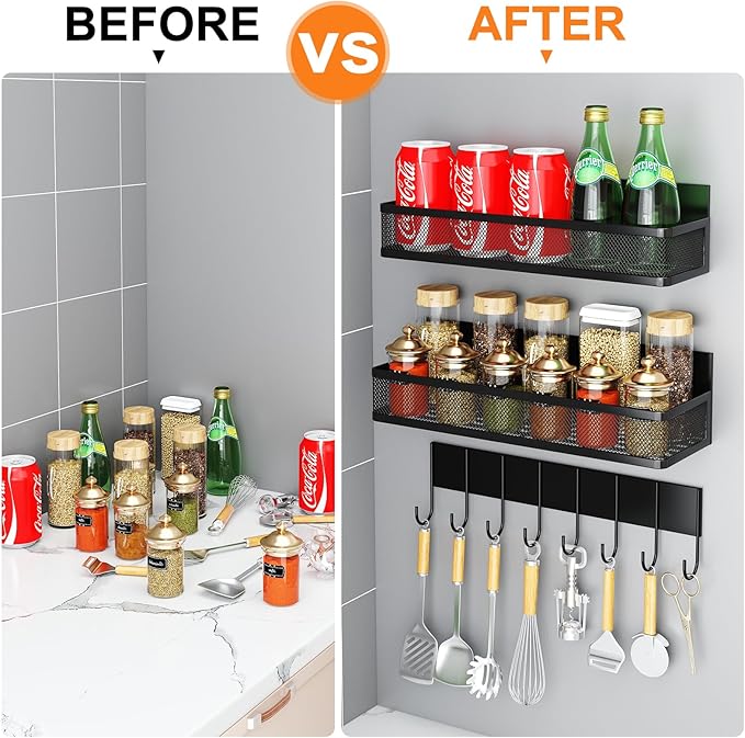 Aufworld Magnetic Spice Rack for Refrigerator, 3 Pack Magnetic Shelf, Moveable Fridge Organizer with 8-Hook Rack, Seasoning Organizer for Kitchen