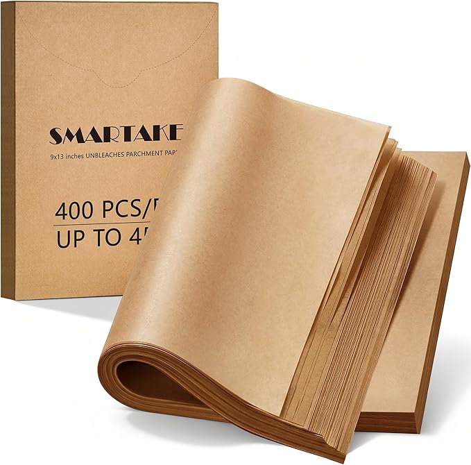 SMARTAKE 400 Pcs Parchment Paper Baking Sheets, 9x13 Inches Non-Stick Precut Baking Parchment, for Baking Grilling Air Fryer Steaming Bread Cup Cake Cookie and More (Unbleached)