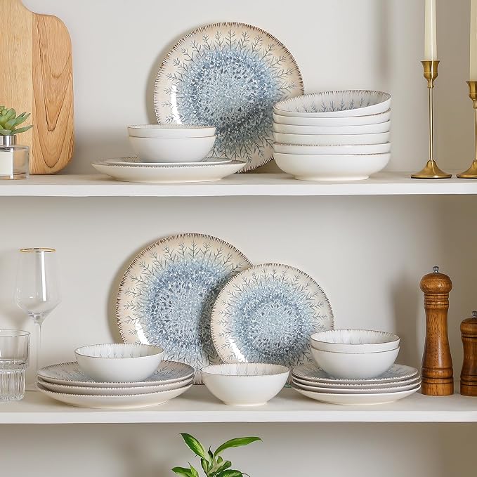 DOMICREVERY Ceramic Dinnerware Sets for 6, 24 pcs Plates and Bowls Sets, Blue Branch