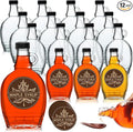 FoldTier 12 Pcs 12 oz Glass Maple Syrup Bottles Clear Reusable Glass Bottles with Lids Loop Handle and Maple Syrup Stickers Jars Container for Milk Potion Juice Sauce Oil Storage Gift(Stylish)