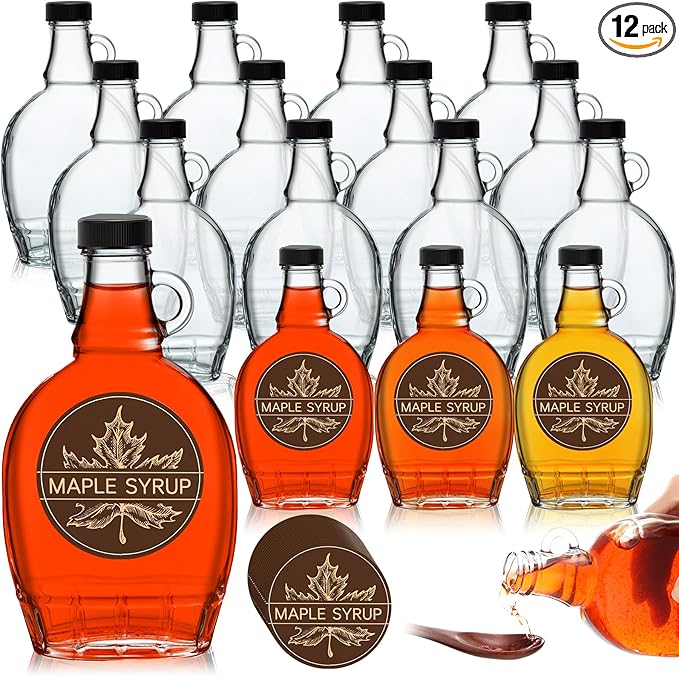 FoldTier 12 Pcs 12 oz Glass Maple Syrup Bottles Clear Reusable Glass Bottles with Lids Loop Handle and Maple Syrup Stickers Jars Container for Milk Potion Juice Sauce Oil Storage Gift(Stylish)
