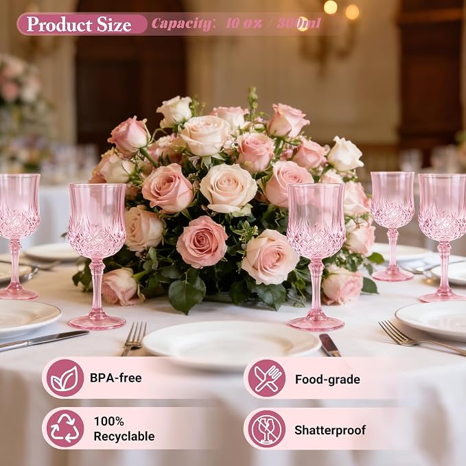 6 Pack Plastic Wine Glasses,10oz Unbreakable Vintage Style Goblets,Reusable Crystal Like Drinking Glass for Wedding Reception, Party Supplies (Pink)