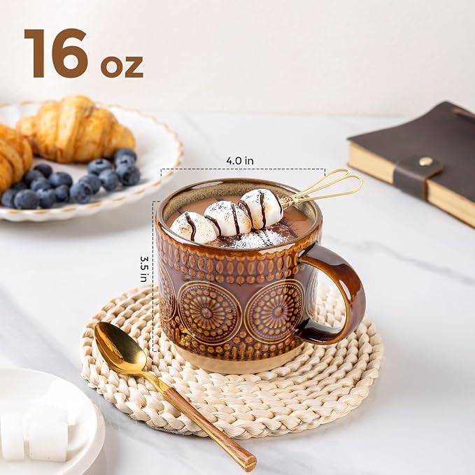 GBhome 16OZ Stackable Coffee Mugs, Ceramic Coffee Mugs with Texture Patterns for Man,Woman,Dad,Mom, Modern Coffee Mugs Set of 4 for Latte/Cappuccino/Cocoa. Dishwasher&Microwave Safe