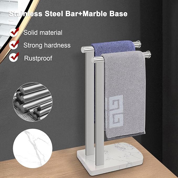 NearMoon Hand Towel Holder with Balanced Marble Base, SUS304 Stainless Steel Stand Towel Ring L Shape Hand Towel Rack Free-Standing Towel Bar for Bathroom Kitchen Countertop(Double Rod Brushed Nickel)