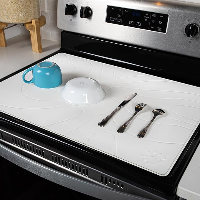 Stove Top Covers for Electric Stove - Silicone Stove Mat for Glass Top Stove - 28"x20" Stove Top Protector, Heat Resistant (450°F), XL Dish Drying Mat, Stove Cover – Pearl White
