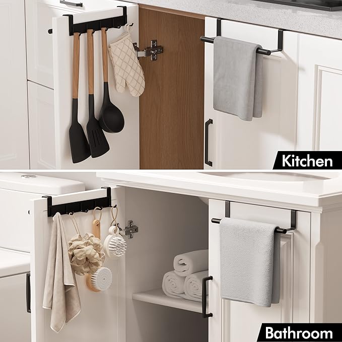 KES Over The Cabinet Door Towel Bar with Hooks, Kitchen Towel Holder with Hooks for Hanging Utensils, Over The Cabinet Door Organizer with Hook 2 Pack, Matte Black, Metal, KUR527-BK-P2