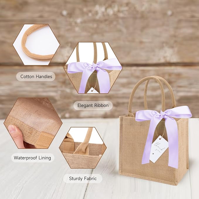 6 Pack Burlap Tote Bags with Handles Reusable Mini Jute Gift Bags with Purple Silk Ribbons Waterproof Lining for Wedding Bridesmaid Mother's Day Bachelorette Beach Party