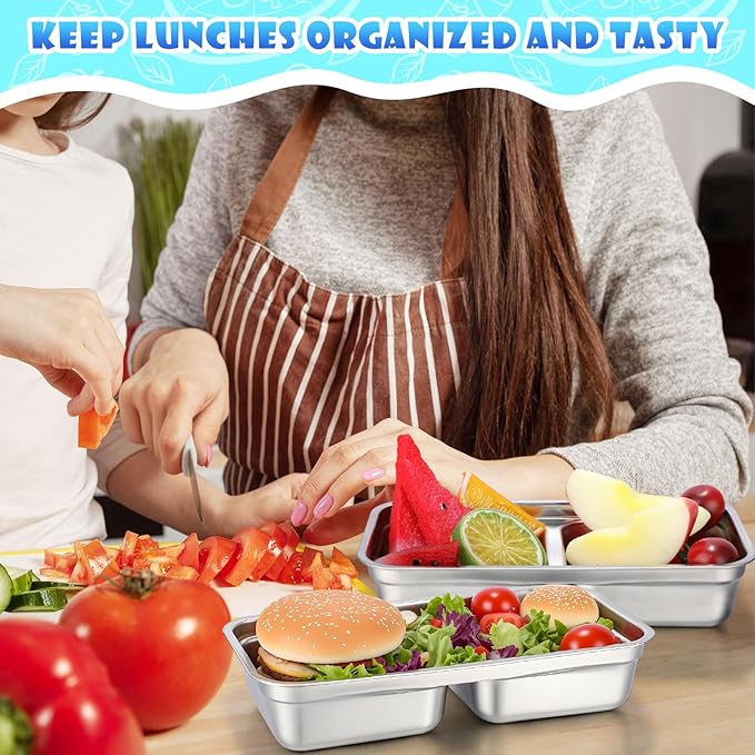 Teenyyou 20 Pcs Stainless Steel Snack Containers 30 oz 2-compartment Meal Prep Containers Reusable Metal Divided Bento Box with Silicone Lids Leakproof Lunch Box Dishwasher Safe (Blue)